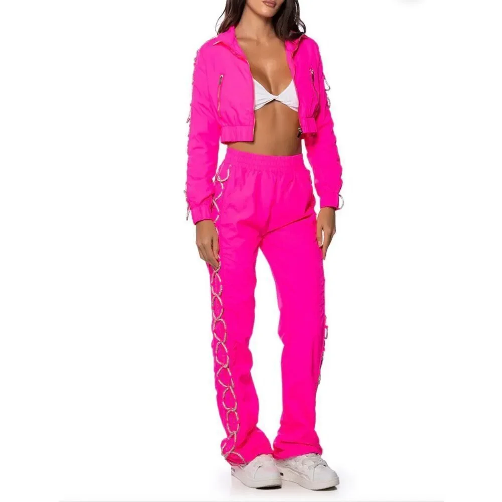 Akira Neon Pink Diamond Lace-Up High-Waisted Pull-On Track Pants Size XL